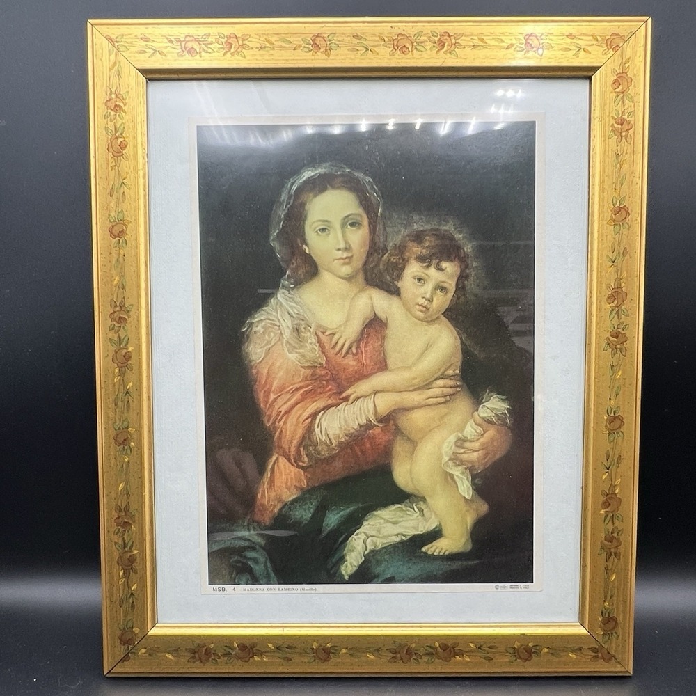 VTG Print Madonna with Child Murillo Framed Art Rustic Gold Frame w/Roses Italy